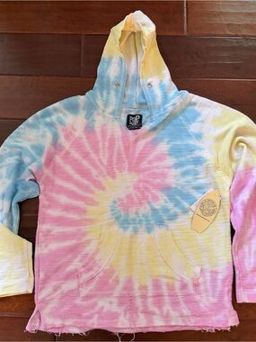 NWT POP SURF Tie-Dye Hooded Pullover — Pastel Pink, Blue & Yellow Sz Lg